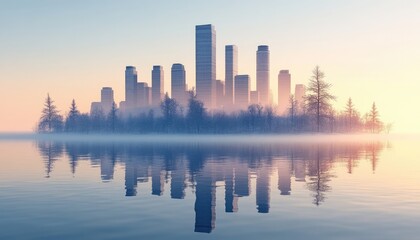 Cityscape reflected on still water. This image is perfect for illustrating tranquility or the peaceful nature of urban environments.