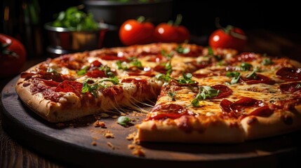 full pizza with vegetables and meat on wooden table with blur background
