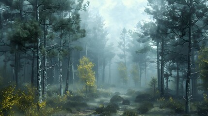 Obraz premium a dense pine forest covered in thick fog in the morning with a footpath through it