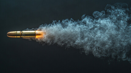 bullet in mid-flight leaves a dramatic trail of smoke, conveying speed, power, and impact in an empty blue backdrop, emphasizing motion and precision