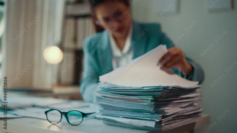 Poster accountant works with a large pile of documents on her desk, feeling increasingly stressed as deadli
