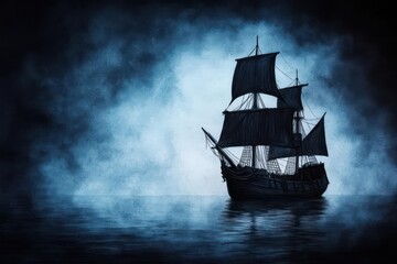 Fototapeta premium A mysterious silhouette of a sailing ship gliding through foggy waters at night, evoking adventure and intrigue.