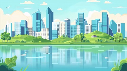 Obraz premium City Landscape with Buildings, River, Hills and Trees. Seaside Cityscape with Modern Architecture. Day Skyline Panorama. Sea and City Park. Urban panoramic landscape. Flat Vector Illustration which br