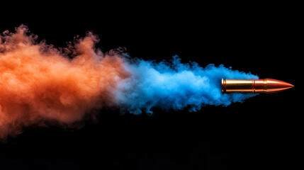 bullet in mid-flight leaves a dramatic trail of smoke, conveying speed, power, and impact in an empty blue backdrop, emphasizing motion and precision