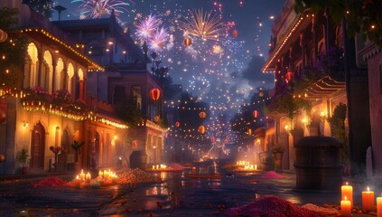 Festive Town at Night with Colorful Fireworks Lighting Up the Sky Over Decorated Houses and streets during the traditional festival at night.