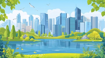 Obraz premium City Landscape with Buildings, River, Hills and Trees. Seaside Cityscape with Modern Architecture. Day Skyline Panorama. Sea and City Park. Urban panoramic landscape. Flat Vector Illustration which br
