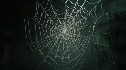 Dew-Covered Spider Web in a Dark Forest