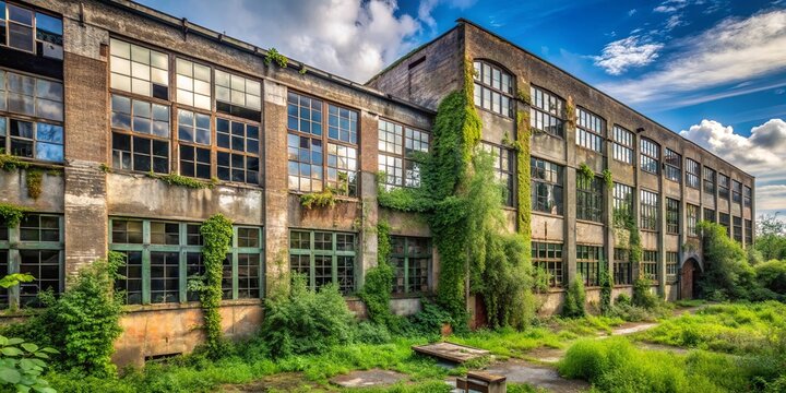 Abandoned old factory building with broken windows and overgrown vegetation , industrial, decay, urban, deserted