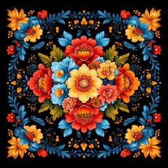 Traditional Russian Floral Pattern on Black Background