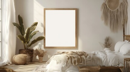 Minimalist Bedroom Interior with Blank Canvas and Natural Elements