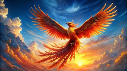 Obraz premium Majestic Firebird soaring through the sky with fiery plumage, mythical, bird, legend, mythical creature, phoenix, flames