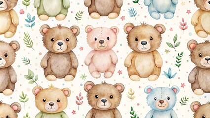 Adorable seamless pattern featuring cute watercolor bears, cute, bear, seamless, pattern, watercolor, adorable, sweet, design