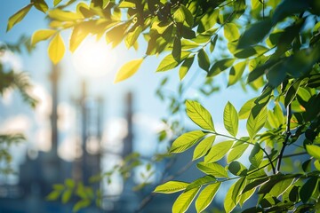 Obraz premium 4. Detailed image of green leafy tree branches in the foreground with industrial factory buildings, smokestacks, and distillation towers in the background, sunlight breaking through leaves, blue sky