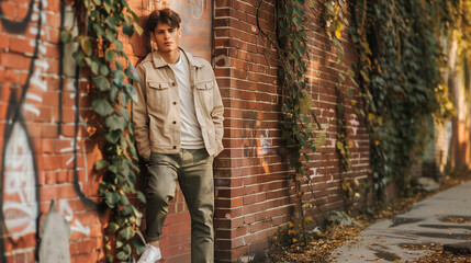 A young man standing outdoors against a red brick wall covered in ivy. He's wearing a light beige jacket, olive green pants, and white sneakers. The setting is a sunny autumn day in a park, with warm 
