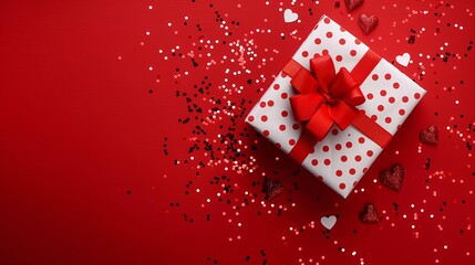 Obraz premium 2. Flat lay image of a white gift box with red polka dots and a red ribbon bow, scattered small red heart decorations and tiny confetti hearts, solid red background, Valentine's Day theme, minimalist