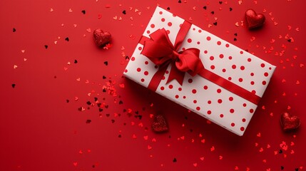 Fototapeta premium 2. Flat lay image of a white gift box with red polka dots and a red ribbon bow, scattered small red heart decorations and tiny confetti hearts, solid red background, Valentine's Day theme, minimalist