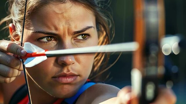 Close-up of a determined female archer aiming her bow and arrow. Focused on target