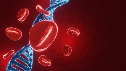 Fototapeta premium Blood cell with DNA molecule structure on red background. 3d-rendering