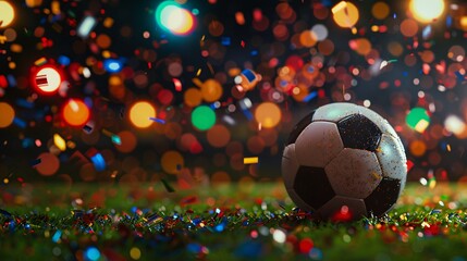 Fototapeta premium 3. Detailed image of a soccer ball on green grass, stadium lights in the background, night scene with falling confetti, dramatic lighting, bokeh effect, close-up shot, shallow depth of field, sports
