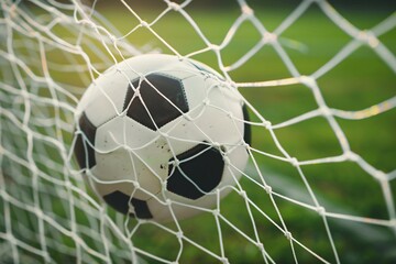 1. Soccer ball striking the back of the net, intense goal-scoring moment, close-up of a white soccer ball with classic black pentagonal patches, net stretched tight against the ball, vivid green