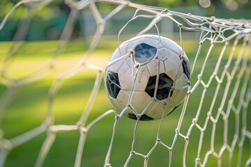 1. Soccer ball striking the back of the net, intense goal-scoring moment, close-up of a white soccer ball with classic black pentagonal patches, net stretched tight against the ball, vivid green