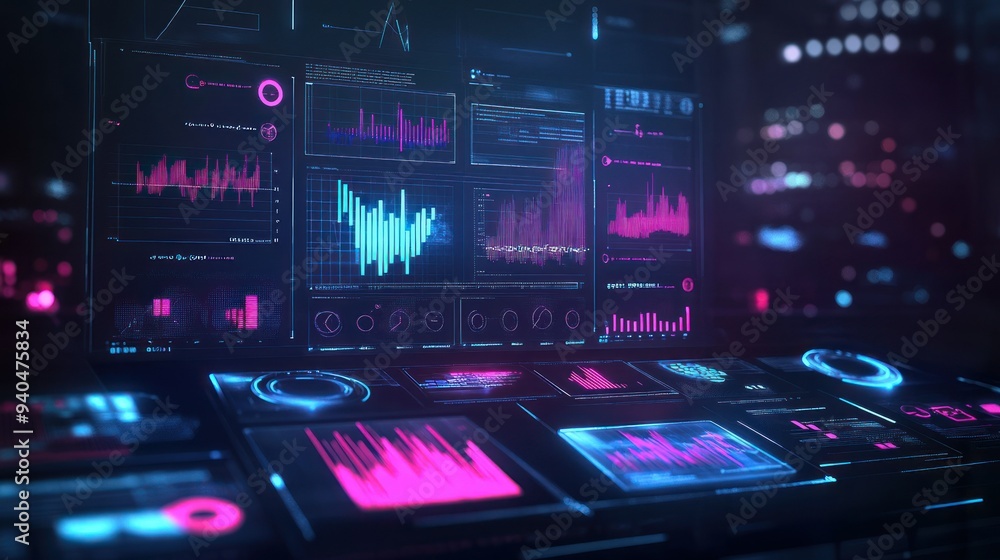 Poster Futuristic Interface with Glowing Graphs and Data Displays