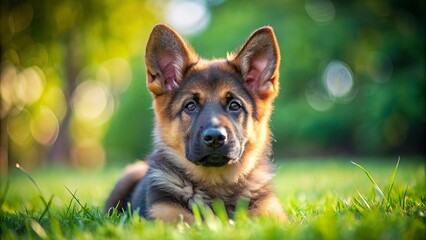 Curious German shepherd puppy lying down on green grass, puppy, dog, German shepherd, curious, playful, animal, pet, grass