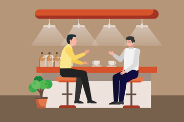Hangouts with food and drinks. Colored flat vector illustration isolated.