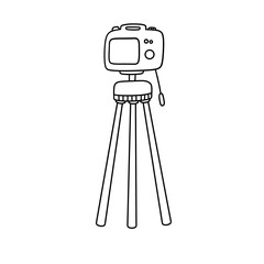 A camera tripod is drawn in black and white