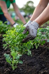 Fototapeta premium A community garden where people of different backgrounds work side by side, planting and harvesting vegetables