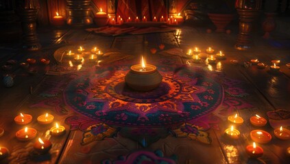 A vibrant and colorful scene of event decorations, with traditional oil lamps placed on an intricate background of colors