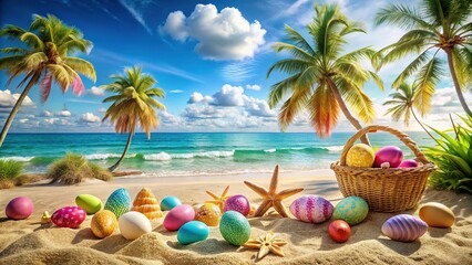 Obraz premium Vibrant beach scene with colorful Easter eggs and baskets nestled among palm trees, seashells, and starfish, with a sunny sky and ocean waves in the background.