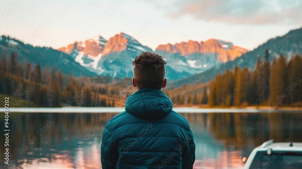 Wall mural a peaceful traveler enjoys a moment of solace by a tranquil mountain lake with a car parked nearby c