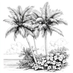Black and White Detailed Illustration of Palm Trees on a Beach