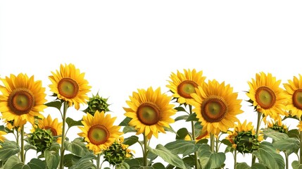 A Row of Bright Yellow Sunflowers with Green Leaves on a White Background