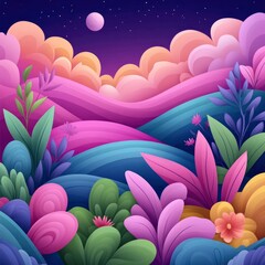 Fototapeta premium Dreamy Night Sky with Colorful Hills and Blooming Flowers
