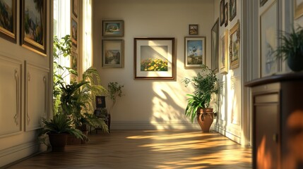 Sunlit Hallway with Framed Artwork and Plants