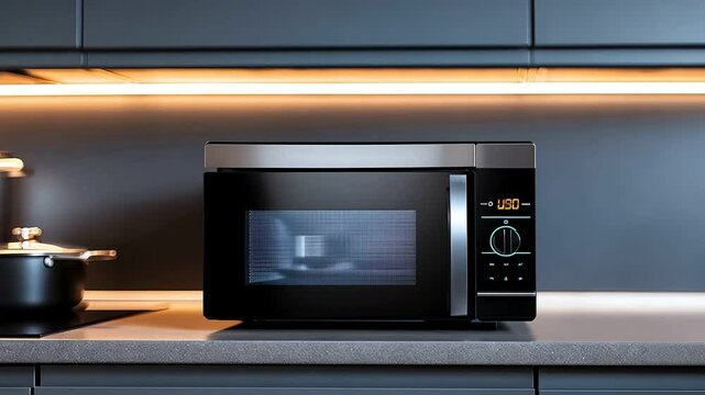 Modern kitchen interior with a sleek black microwave oven on a countertop