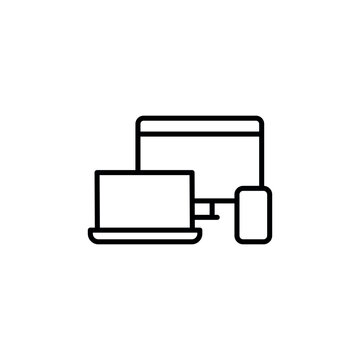 recommend clip art: Device compatibility icon. A simple line art icon depicting a laptop, desktop monitor, and smartphone. Perfect for use in technology blogs, software applications, digital content. Vector illustration