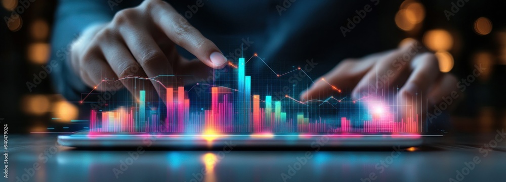 Poster Hand Interacting with a Tablet Displaying Financial Charts and Graphs