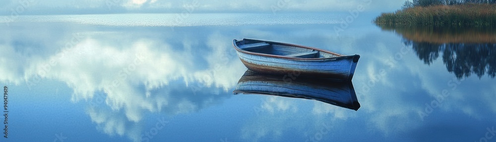 Poster a small rowboat anchored in calm blue water with cloudy reflections