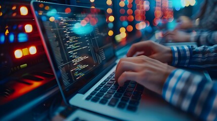 Man working on a laptop at the data center. Digital world in male professional hands. Copy space