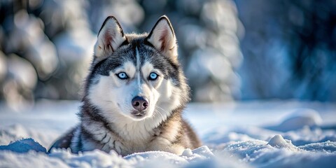 Siberian Husky lying in the snow with piercing blue eyes, embodying winter beauty, Siberian Husky, snow, blue eyes, winter, beauty