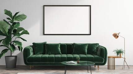 Green Velvet Sofa with Black Frame and Gold Lamp in a Minimalist Living Room