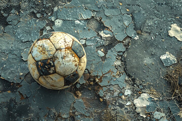 Wornout soccer ball on a dusty street pitch, urban theme, top view, highlighting the rugged texture and environment, cybernetic tone, Analogous Color Scheme