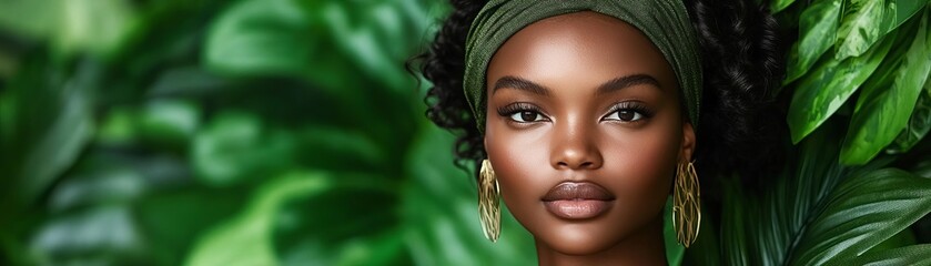 Elegant model in sustainable clothing, eco-friendly fashion, lush green background, Summer 2025 trends, sustainable fashion photography