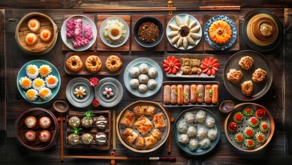 A beautifully arranged spread of Chinese New Year pastries, including baozi and egg tarts, on an elegant table setting with various traditional decorations.