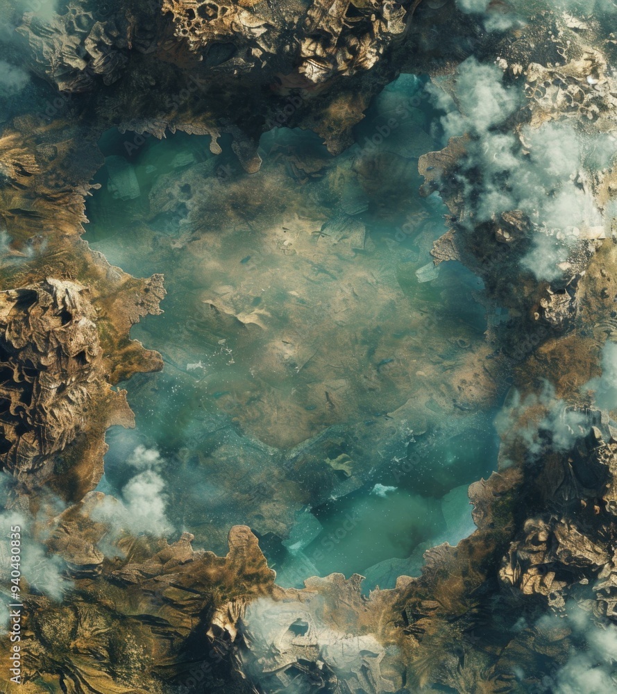 Poster a view of a large green circle in the middle of some clouds. ai.