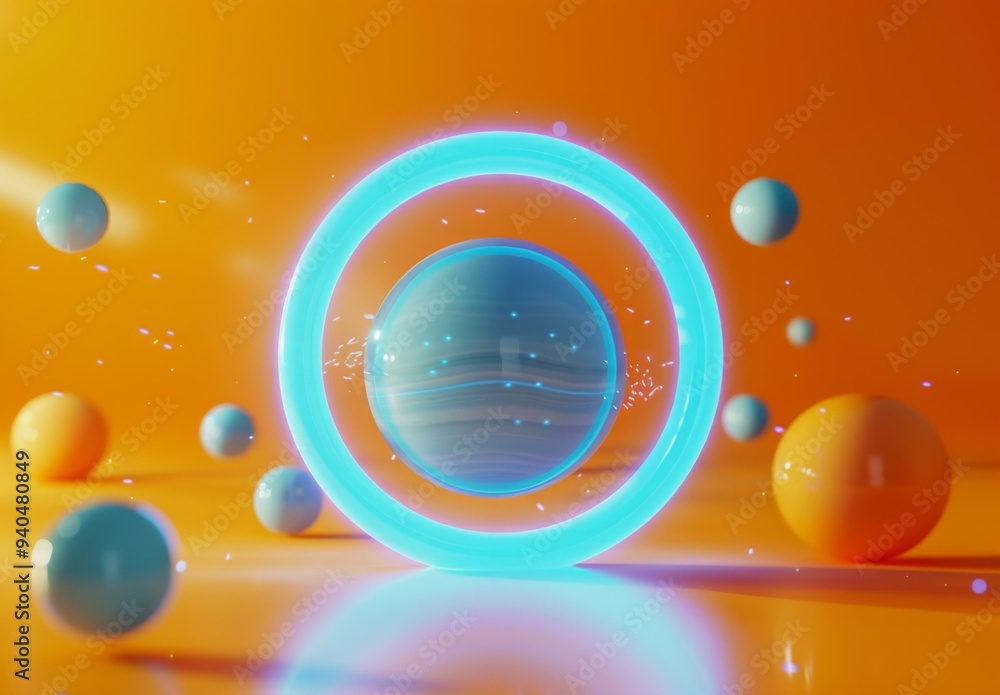 Wall mural a bunch of balls and planets are floating around a glowing ring. ai.