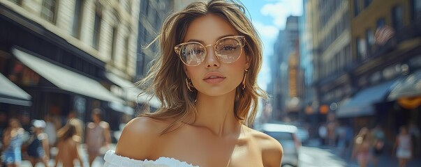 Fashion influencer posing on a bustling city street, chic summer attire, candid style, social media aesthetic, fashion influencer trends